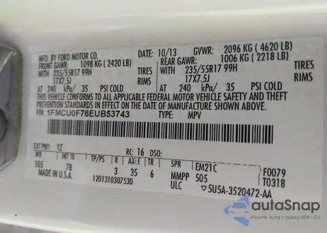 2014 Ford Escape S z USA, uszkodzony, nr VIN 1FMCU0F76EUB53743